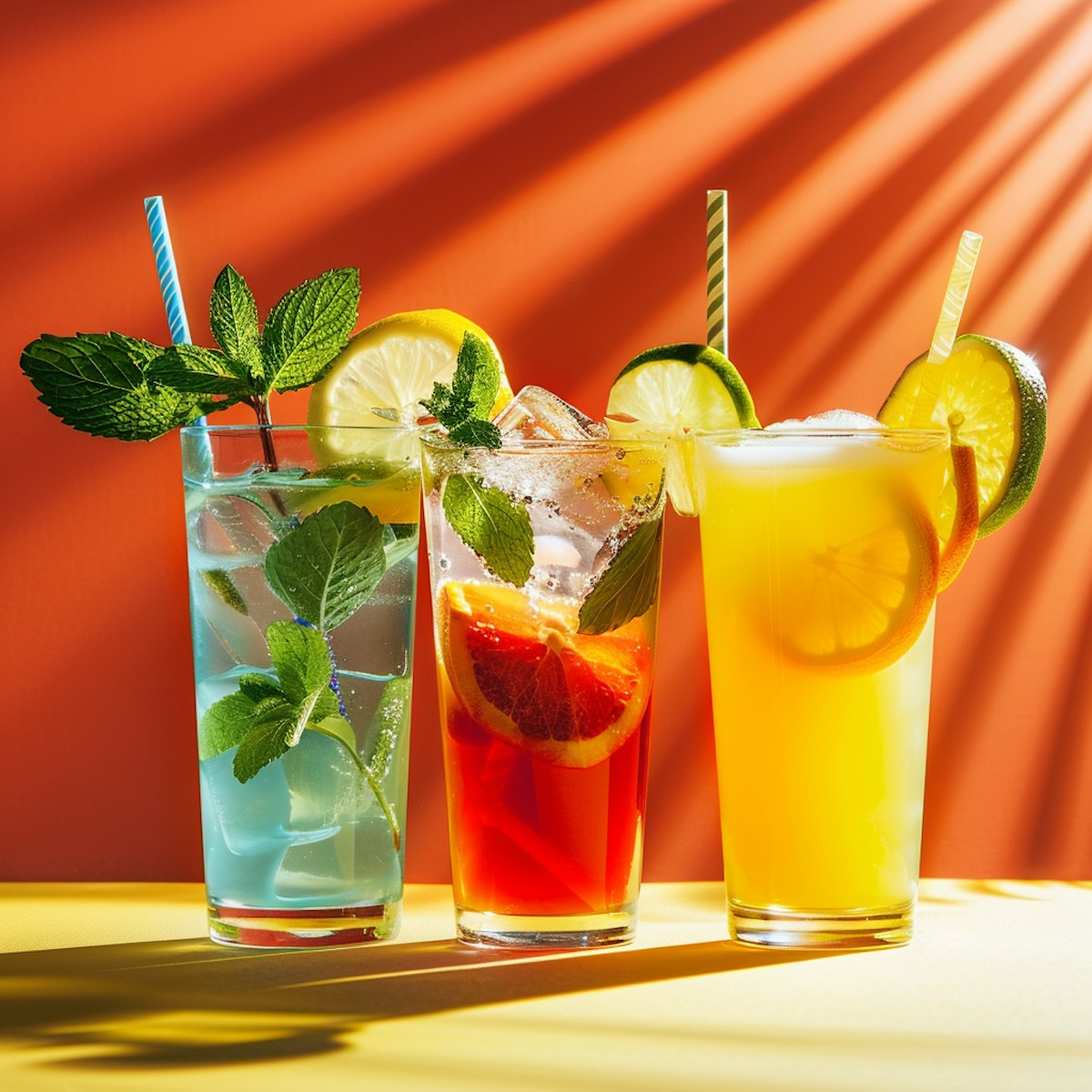 Three glasses of juice with fruits